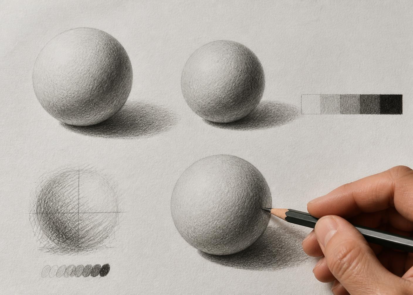 Estudo de desenho com luz, sombra e volume em papel